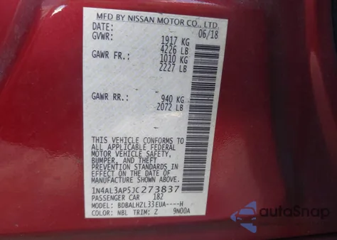 2018 Nissan Altima 2.5 Sr from USA, damaged, VIN 1N4AL3AP5JC273837